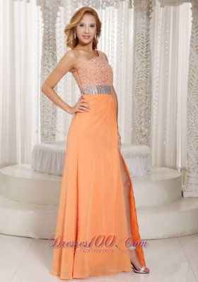 One Shoulder High Slit Orange Beads Evening Dress