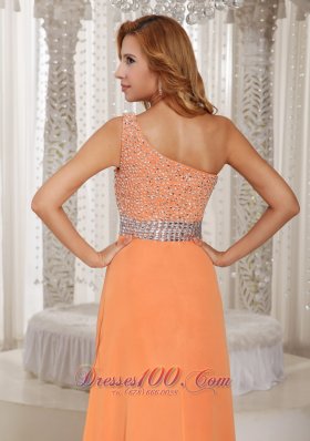 One Shoulder High Slit Orange Beads Evening Dress