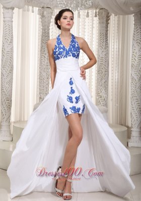 Appliques White Halter Prom Evening Dress High Low Trends