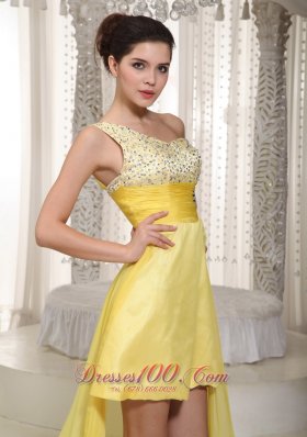 One Shoulder Beading Yellow High low Dress for Prom