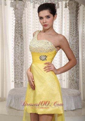 One Shoulder Beading Yellow High low Dress for Prom