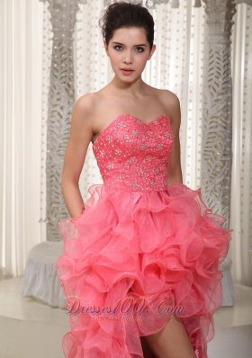 Ruffled Watermelon Evening Dress High-low Beaded