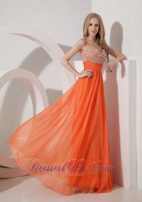 Straps Chiffon Beading Orange Prom Evening Dress
