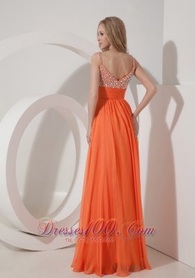 Straps Chiffon Beading Orange Prom Evening Dress