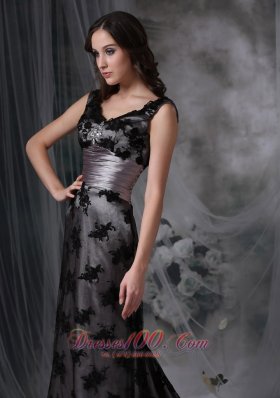 Lace Overlay V-neck Black Evening Dress Beaded