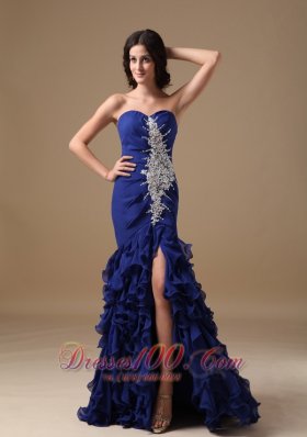 Mermaid Ruffled Front Split Blue Brush Prom Dress
