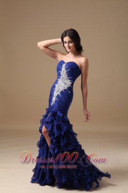 Mermaid Ruffled Front Split Blue Brush Prom Dress