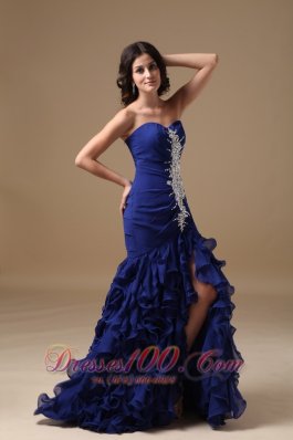 Mermaid Ruffled Front Split Blue Brush Prom Dress