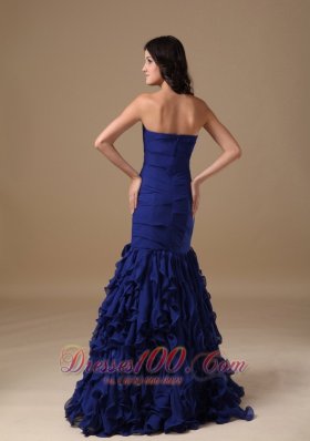 Mermaid Ruffled Front Split Blue Brush Prom Dress