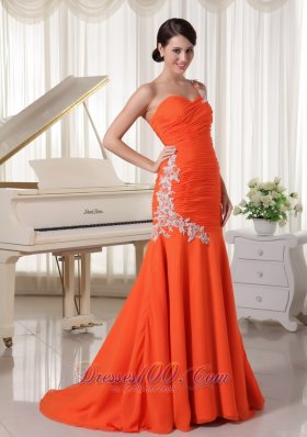 Brush Train Orange Red One Shoulder Evening Dress