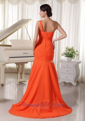 Brush Train Orange Red One Shoulder Evening Dress