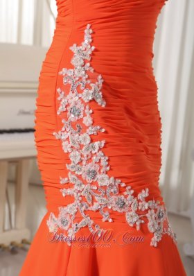 Brush Train Orange Red One Shoulder Evening Dress