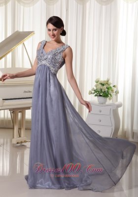 Sequins Brush Train V-neck Grey Evening Dress