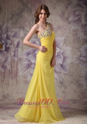 Yellow One Shoulder Beads Evening Dress Ruched