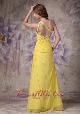 Yellow One Shoulder Beads Evening Dress Ruched