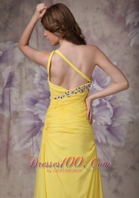 Yellow One Shoulder Beads Evening Dress Ruched