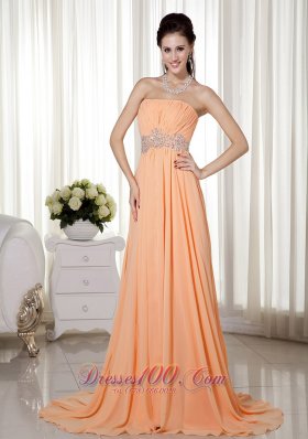 Brush Train Light Orange Beading Prom Gown Ruched
