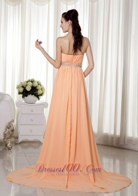 Brush Train Light Orange Beading Prom Gown Ruched