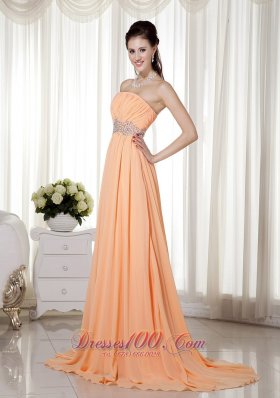 Brush Train Light Orange Beading Prom Gown Ruched