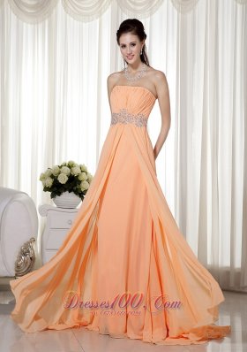 Brush Train Light Orange Beading Prom Gown Ruched