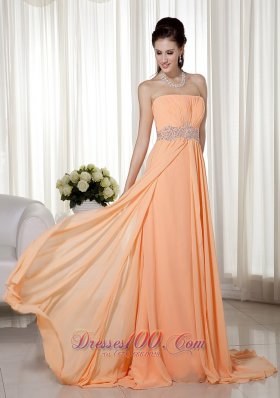 Brush Train Light Orange Beading Prom Gown Ruched