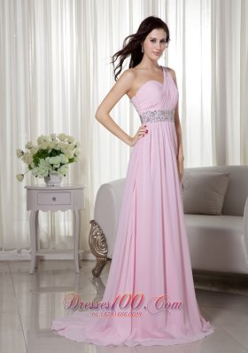 One Shoulder Brush Baby Pink Celebrity Dress Beaded