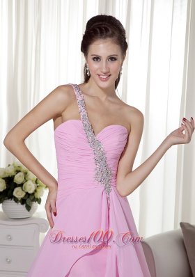 One Shoulder Beading Pink High-low Prom Dress