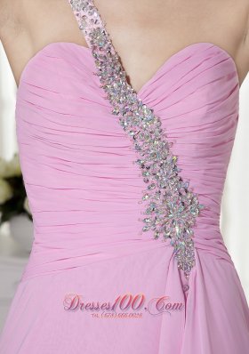 One Shoulder Beading Pink High-low Prom Dress