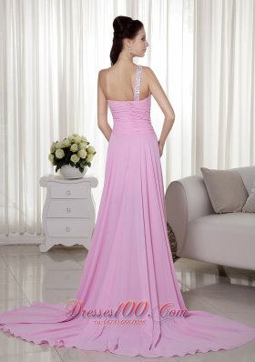 One Shoulder Beading Pink High-low Prom Dress