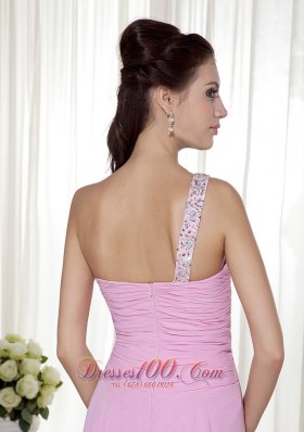 One Shoulder Beading Pink High-low Prom Dress