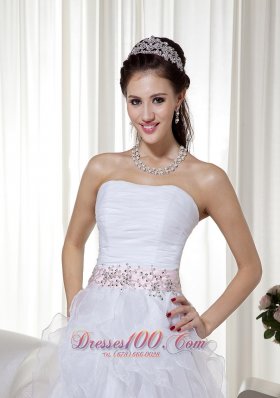 Ruffled Brush Beading White Prom Dress Organza