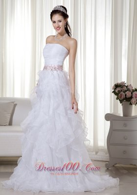 Ruffled Brush Beading White Prom Dress Organza