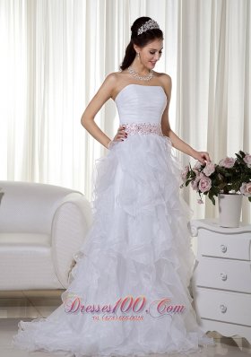 Ruffled Brush Beading White Prom Dress Organza