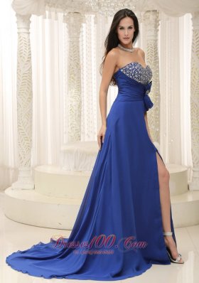 High Slit Peacock Blue Beaded Prom Evening Dress Bowknot