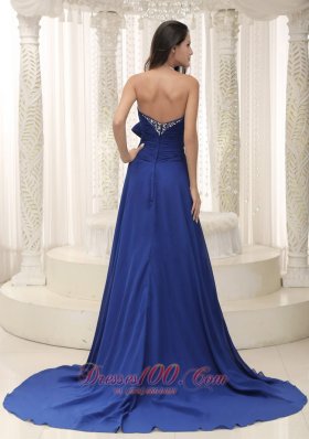 High Slit Peacock Blue Beaded Prom Evening Dress Bowknot