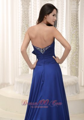 High Slit Peacock Blue Beaded Prom Evening Dress Bowknot