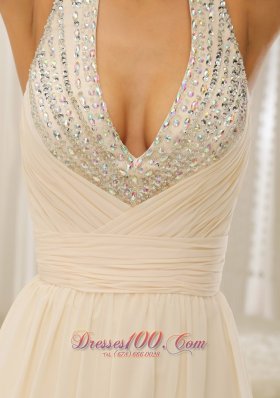 Beaded Prom Dress Evening Halter Champagne Prom Dress