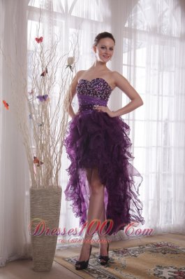 High-low Organza Purple Beads Cocktail Dress