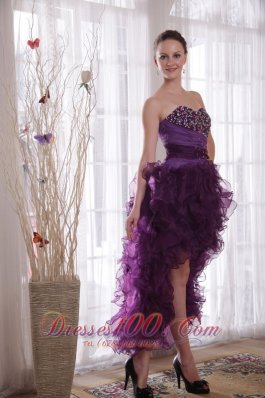 High-low Organza Purple Beads Cocktail Dress