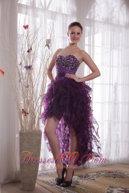 High-low Organza Purple Beads Cocktail Dress