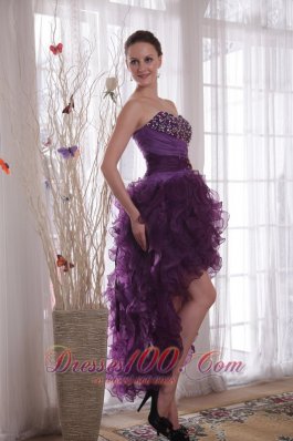 High-low Organza Purple Beads Cocktail Dress