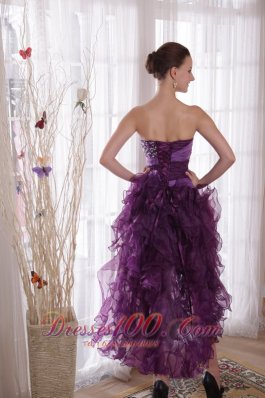 High-low Organza Purple Beads Cocktail Dress