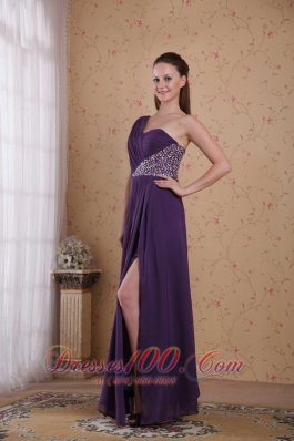 One Shoulder Purple Chiffon Prom Dress Beading