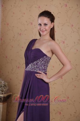 One Shoulder Purple Chiffon Prom Dress Beading