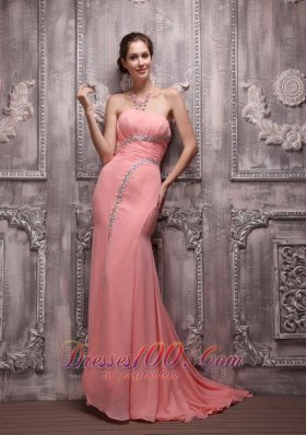 Watermelon Evening Dress with Beads Brush Train