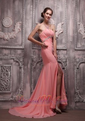 Watermelon Evening Dress with Beads Brush Train