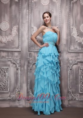 Ruffles Aqua Blue Prom Holiday Gown Beading Empire