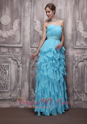 Ruffles Aqua Blue Prom Holiday Gown Beading Empire