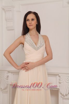 Champagne Halter Brush Pageant Celebrity Dress Beaded