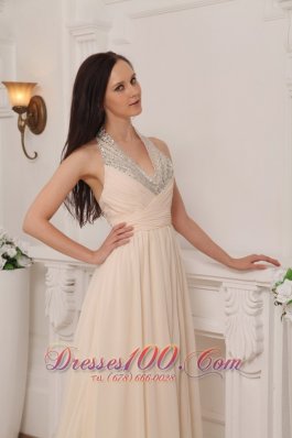 Champagne Halter Brush Pageant Celebrity Dress Beaded